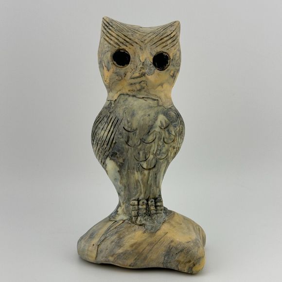 Vintage 1960's Crushed Oyster Shells Owl Figurine Sculpture Handmade Tan 4.75" H - Picture 1 of 10